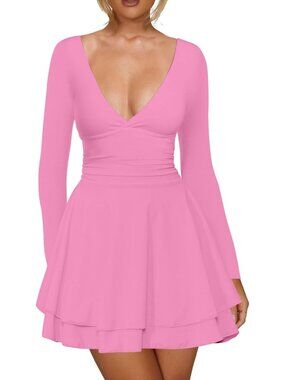Women's Mini Dress Pink V Neck Long Sleeve Bodycon Pull Over A Line Classic